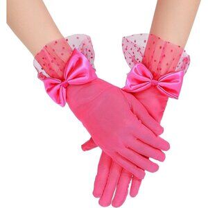 Women's Bow Lace Short Gloves Hot Pink Princess Wedding Evening Accessories